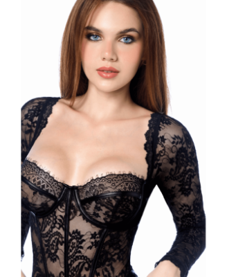Body sexy manches longues en dentelle gothique et détails effet cuir 